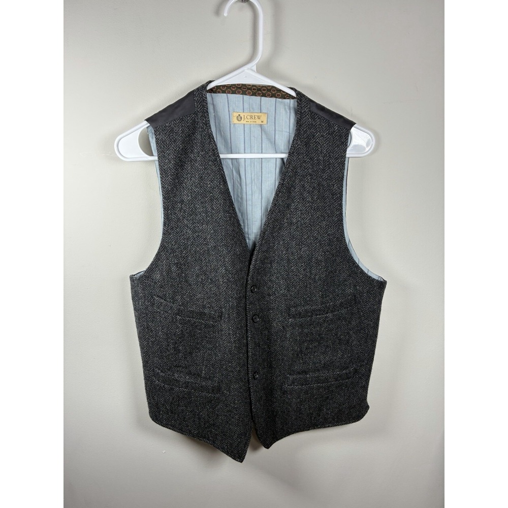 #E220 J Crew Moon Tweed British Wool Vest Mens Medium Charcoal Herringbone Lined